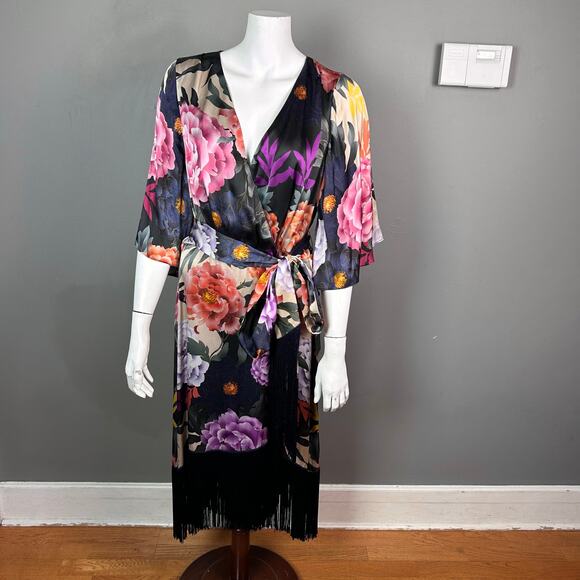 Kobi Halperin Wrap Dress XL Floral Silk-Blend Faux Kimono NWT Asian Fringe Boho